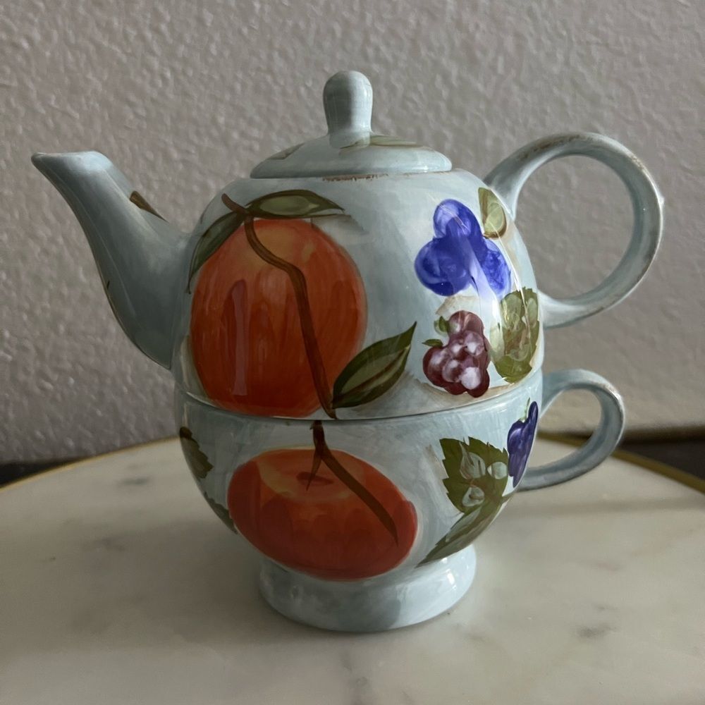 Mesa International Vintage Teapot Tea Cup Fruit Blue Hand painted